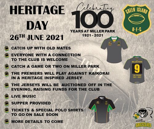 Heritage Day 21 100 Years At Miller Park Green Island Rugby Club Gore So June 26 21