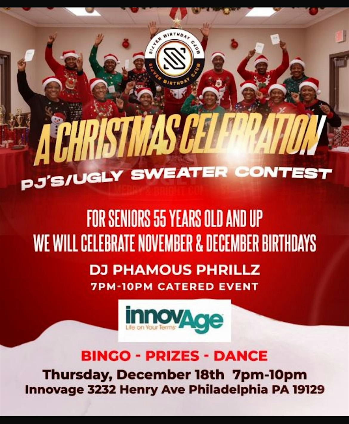 Divine Christmas Celebration for Seniors 55+: PJ\/Ugly Sweater, Food, Prizes