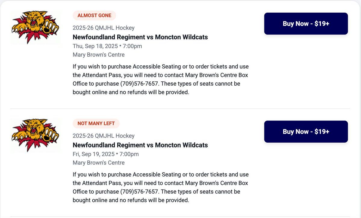 Newfoundland Regiment at Moncton Wildcats at Avenir Centre