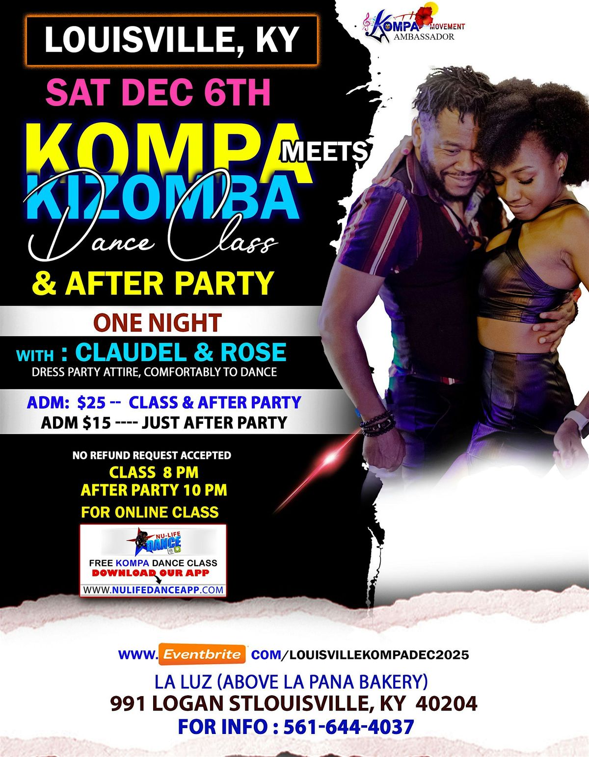 KENTUCKY  KOMPA&KIZOMBA DANCE CLASS,  1 DAY CLASS AND AFTER PARTY SAT DEC 6