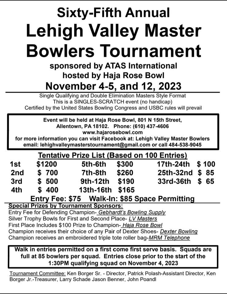 65th Annual Lehigh Valley Master Bowlers Tournament Haja Rose Bowl