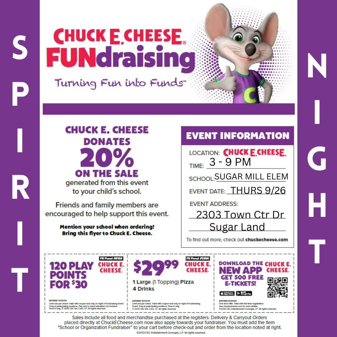 Chuck E Cheese Spirit Night 2303 Town Center Dr, Sugar Land, TX 77478