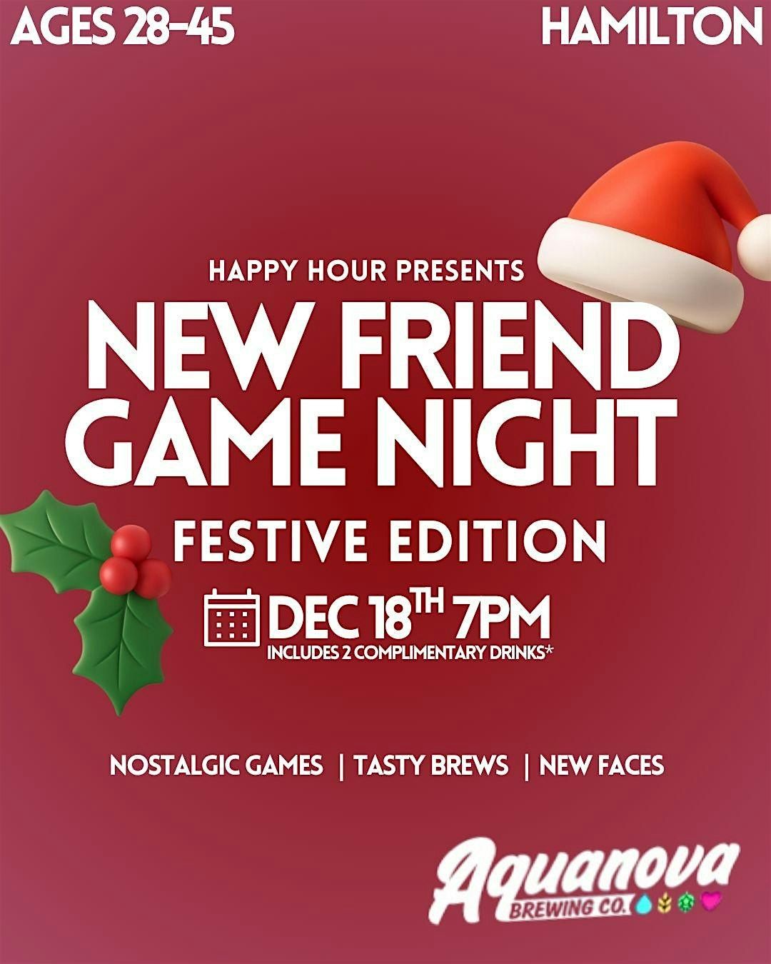 Festive New Friend Game Night Ages 28-45 @Aquanova  Brewing