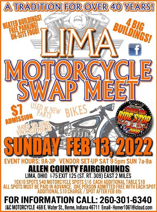 Lima Motorcycle Swap Meet Allen County Fair, Lima, OH February 13, 2022