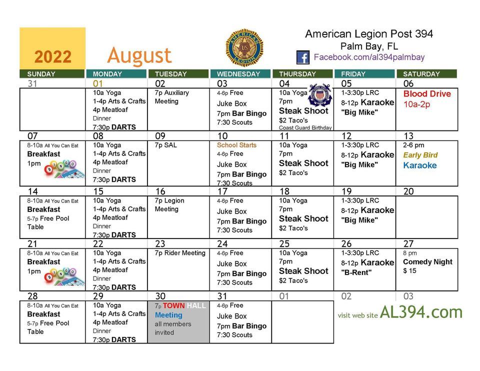 August Calendar American Legion Post 394 Palm Bay August 1, 2022