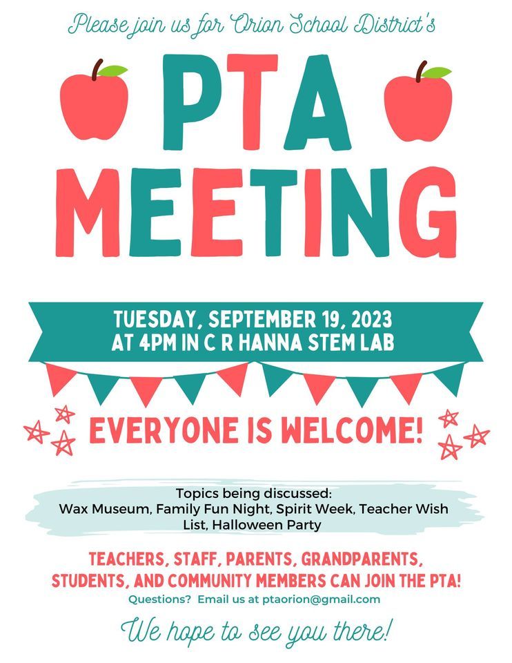 September PTA Meeting | C R Hanna Elementary School, Orion, IL ...