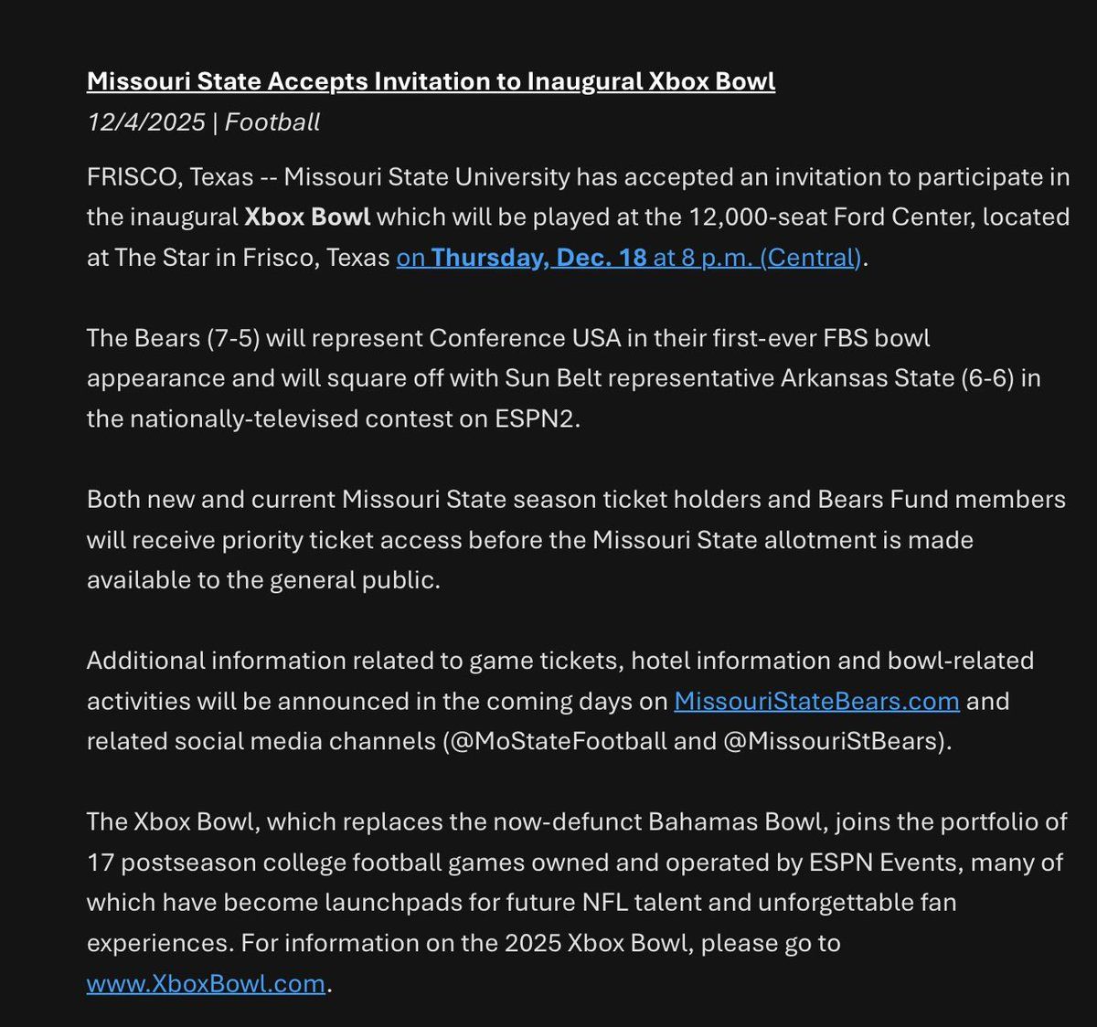 Xbox Bowl - Arkansas State vs Missouri State at Ford Center at The Star