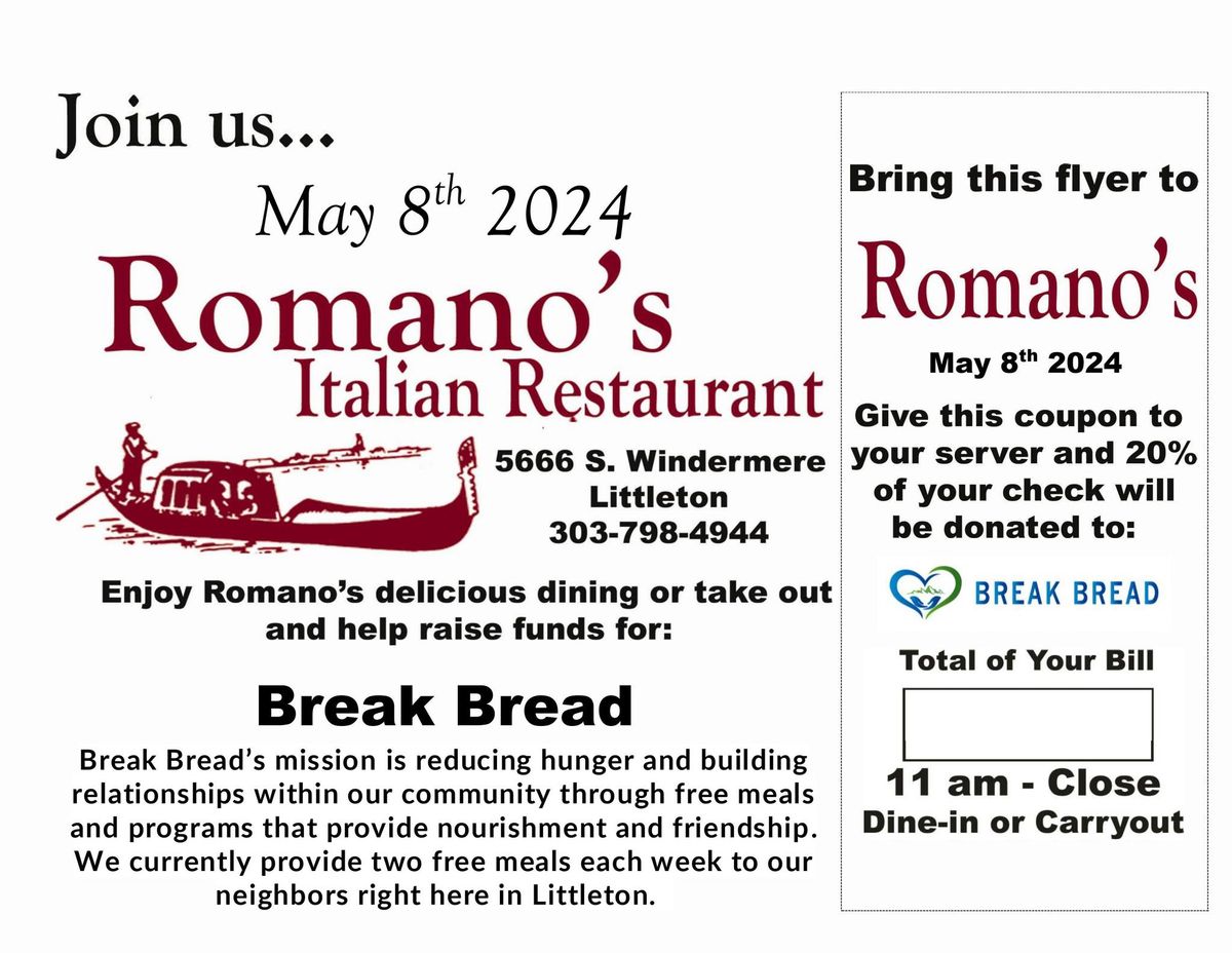 Fundraiser for Break Bread Romanos Romano's Italian Restaurant
