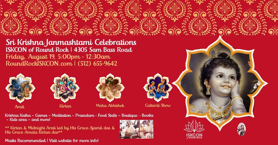Sri Krishna Janmashtami Celebrations AVCC Iskcon of Round Rock August 19 to August 20