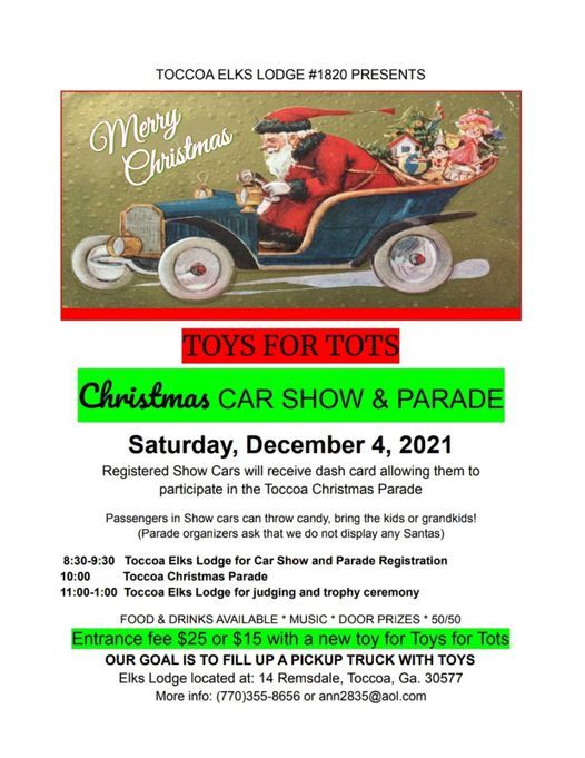 Toccoa Christmas Parade 2022 Toys For Tots Car Christmas Car Show | Toccoa Elks Lodge | December 4, 2021