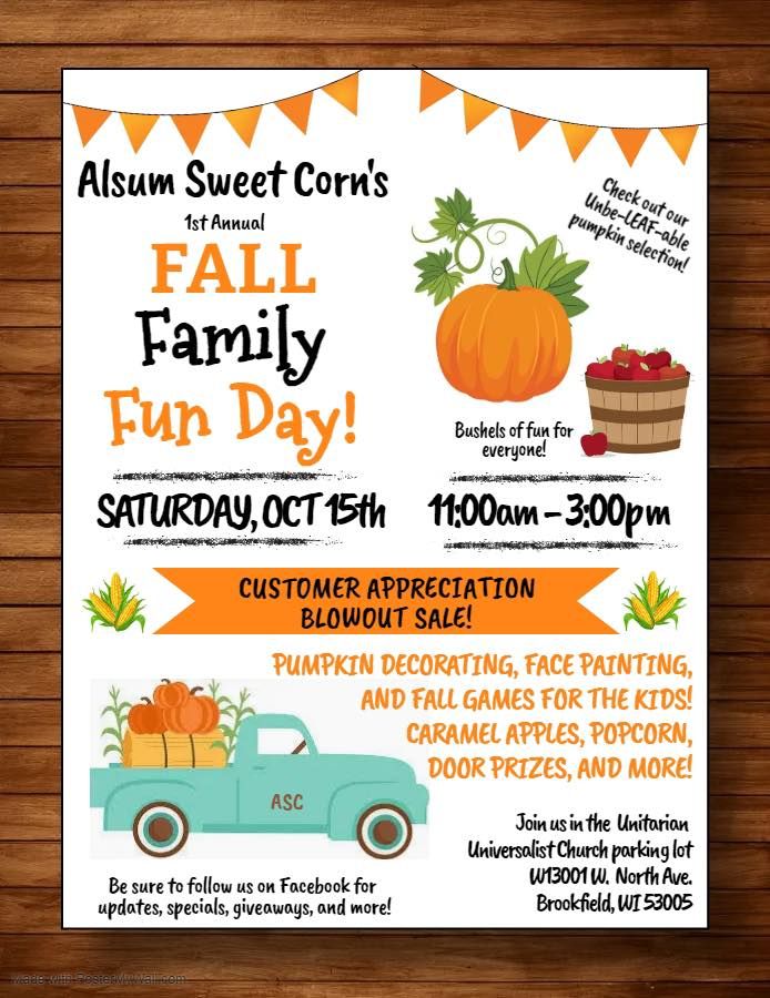 Alsum Sweet Corn\u2019s 1st Annual FALL Family Fun Day in Brookfield!