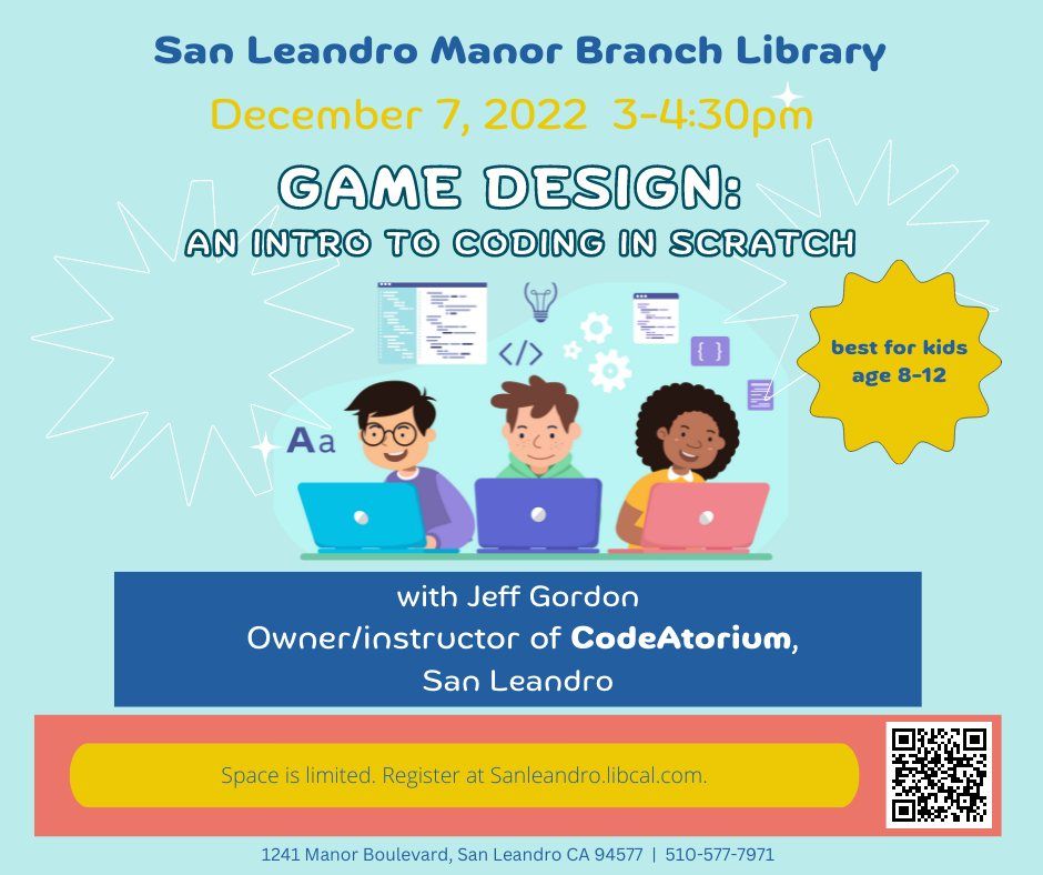 Free Manor Branch Game Design Program for Youths (Game Design: An Intro to Coding in Scratch)