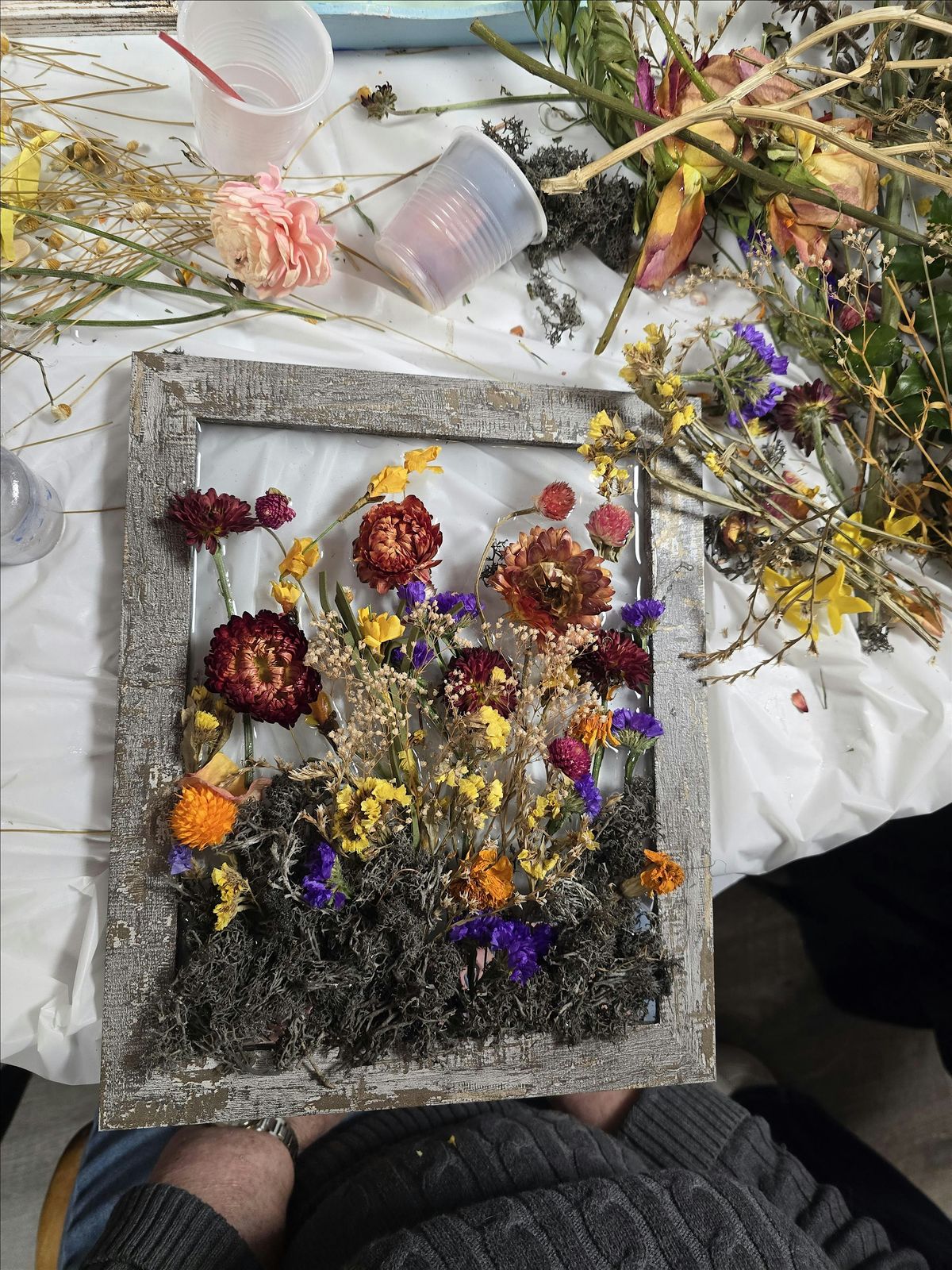 Rustic Resin art with dried flowers and moss at the Bloomin' Cottage