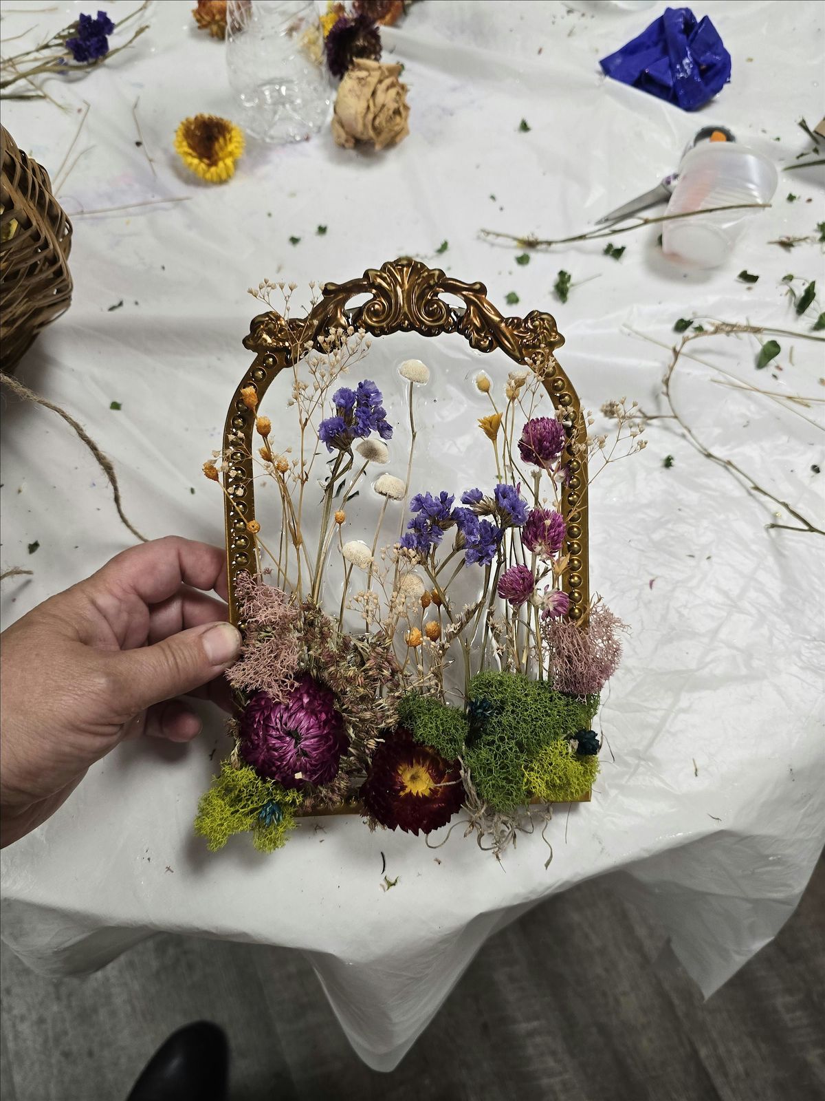 Rustic Resin art with dried flowers and moss at the Bloomin' Cottage
