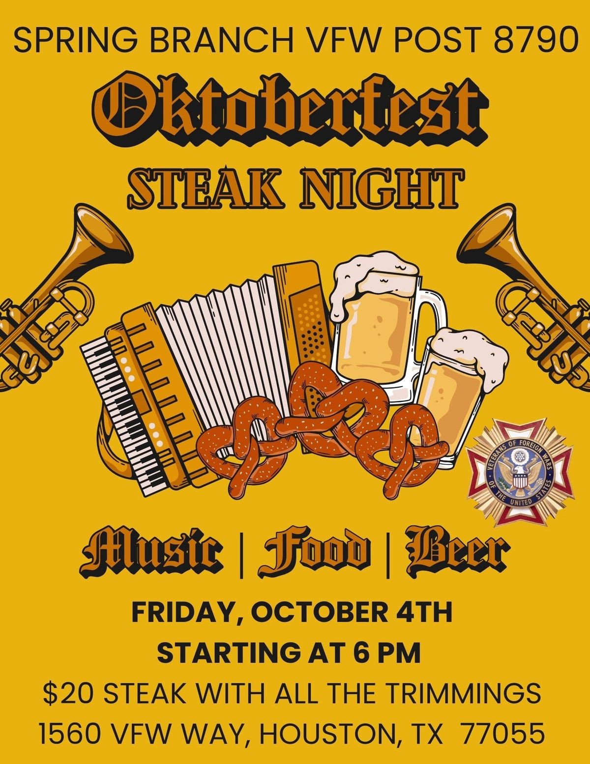 Oktoberfest Steak Night 1560 Veterans of Foreign Wars Way, Houston