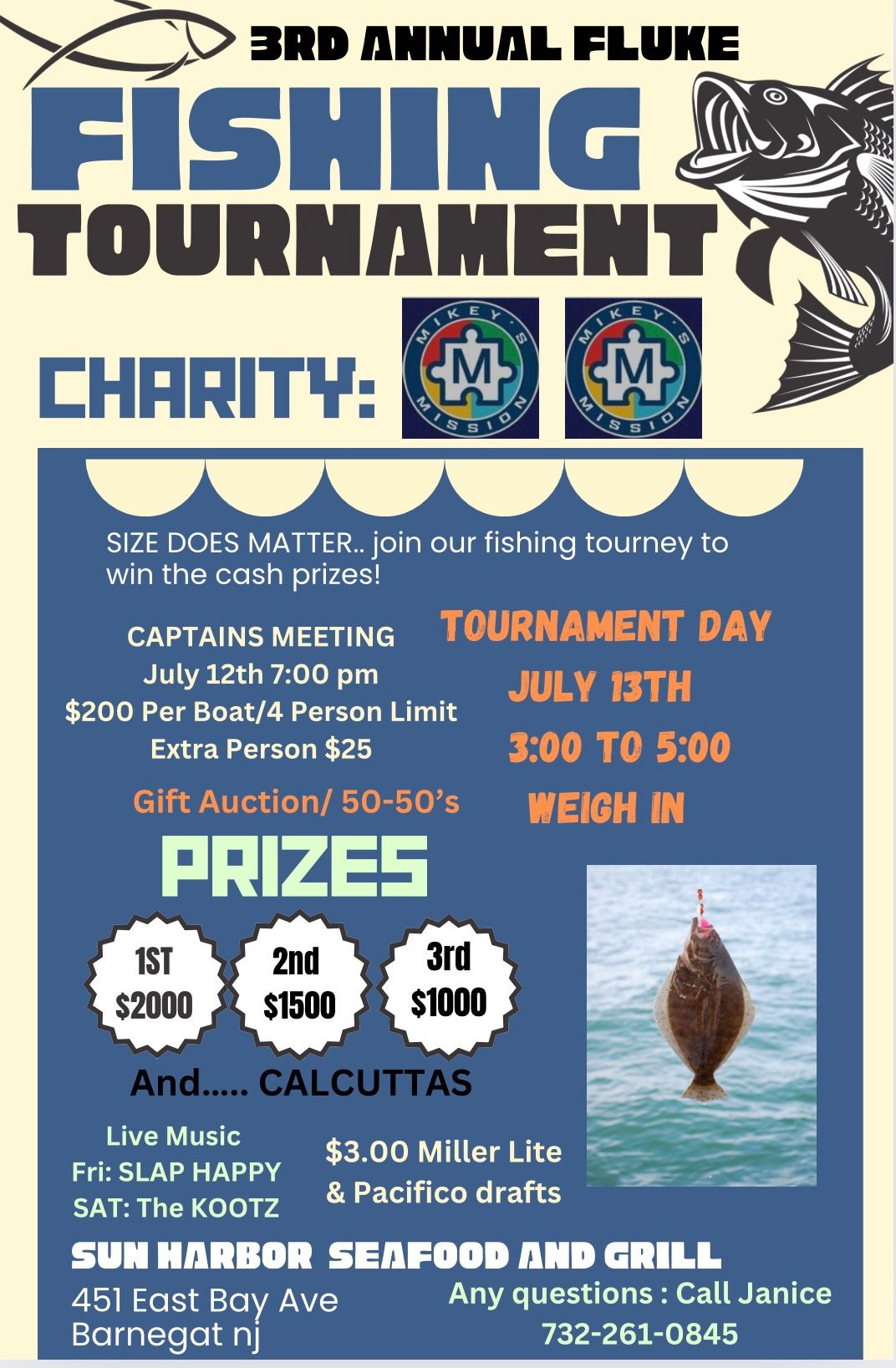 3rd annual fluke tournament 451 East Bay Ave, Barnegat, NJ July 13