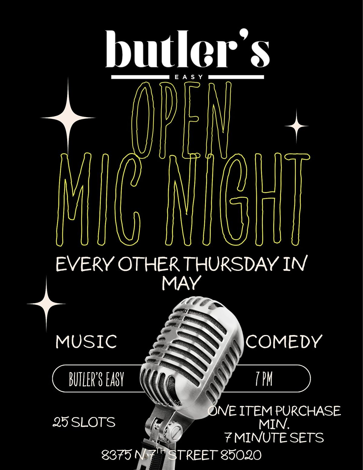 Open Mic Night at Butler's Easy feat Comedy and Music