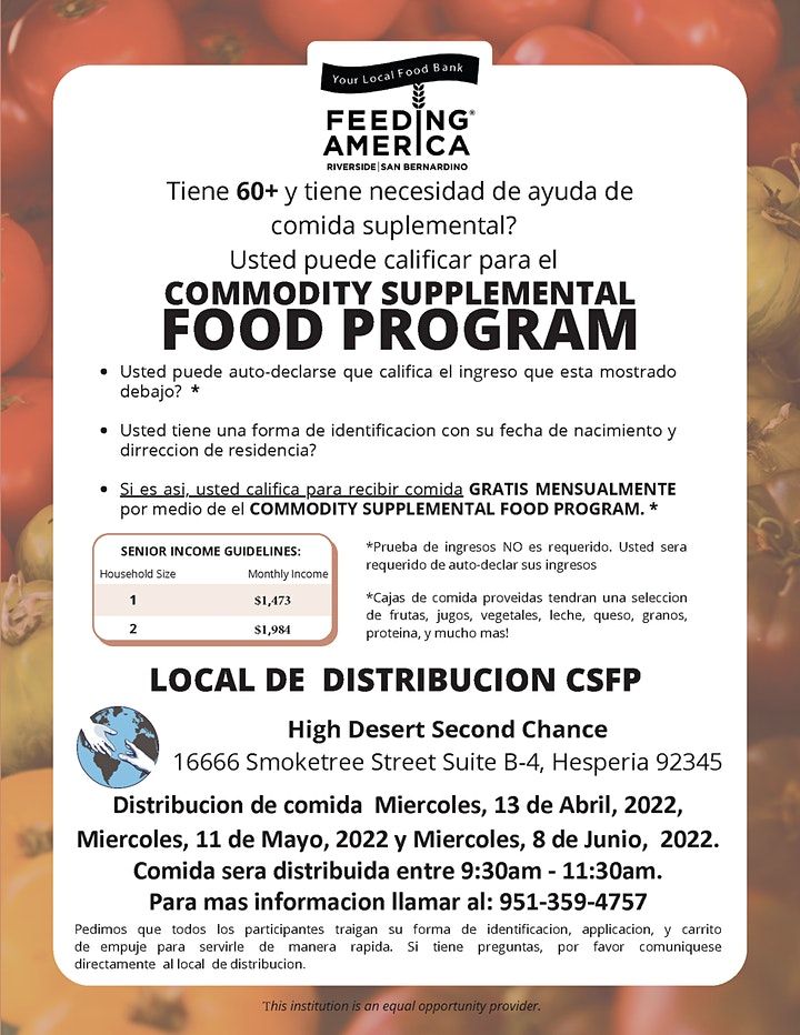 FREE Food Senior Distribution 60+ High Desert Second Chance High