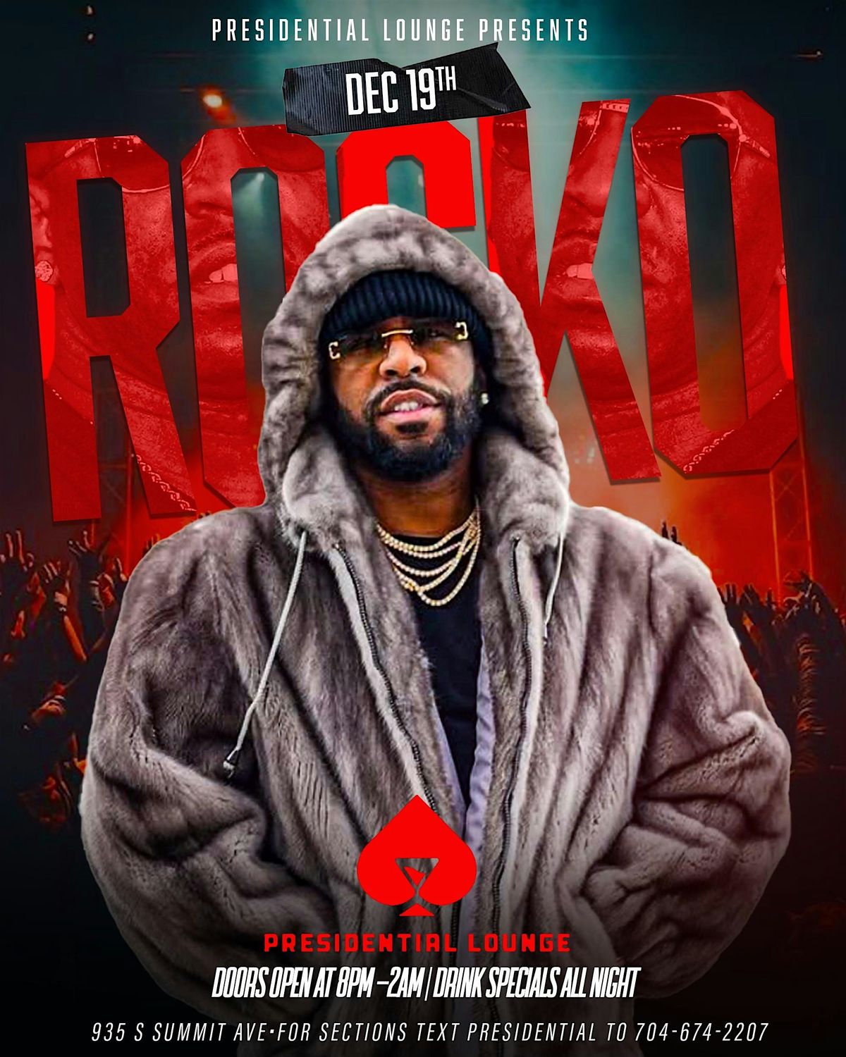 Friday Dec 19th Rocko Performing live Text 704-674-2207 for tables