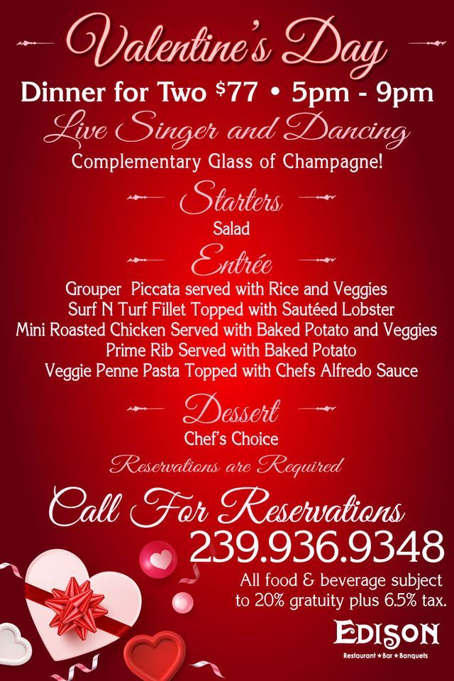 Valentines Day Dinner for Two Edison Restaurant Ft. Myers, Fort Myers