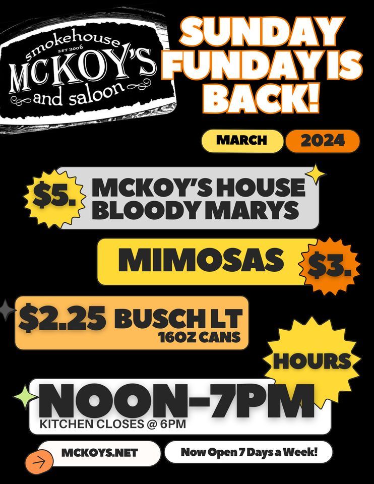 Sunday Fundays in March 2024 @ McKoys Smokehouse and Saloon | 4630 Old ...