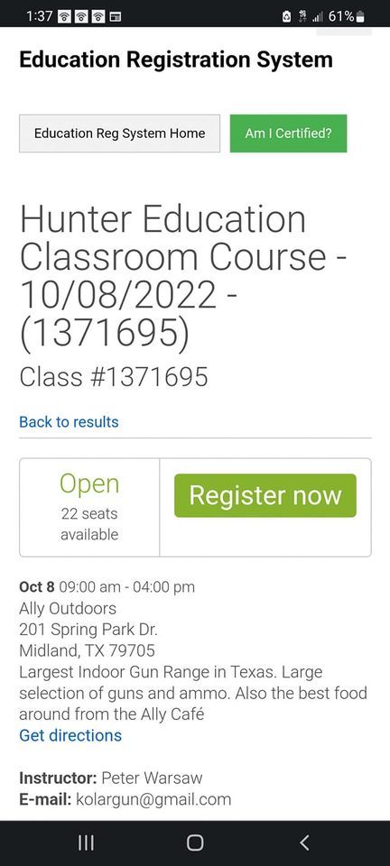 Hunter Education Class | Ally Outdoors, Midland, TX | October 8, 2022