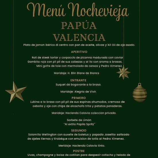 Cena de gala nochevieja 2025 Pap\u00faa Valencia.