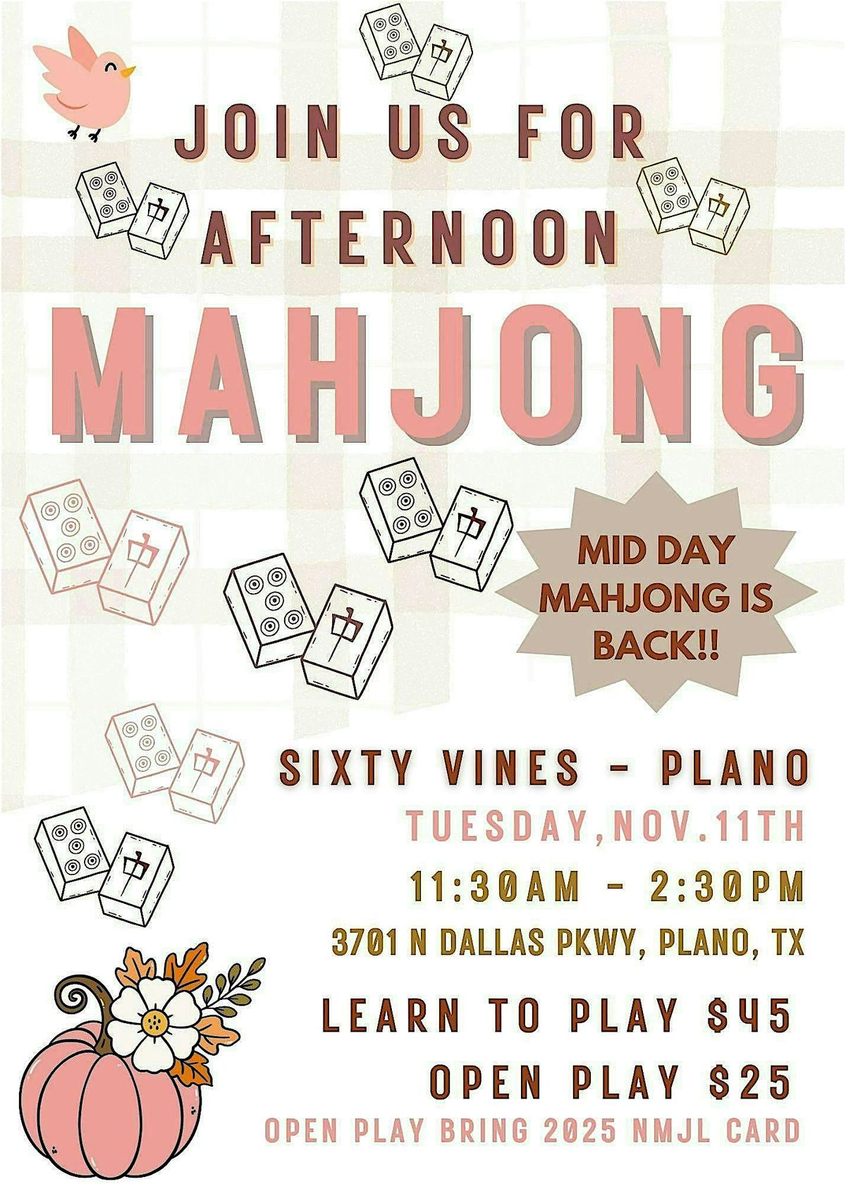 Copy of Mid-Day Mahjong @ Sixty Vines Plano Nov11TH