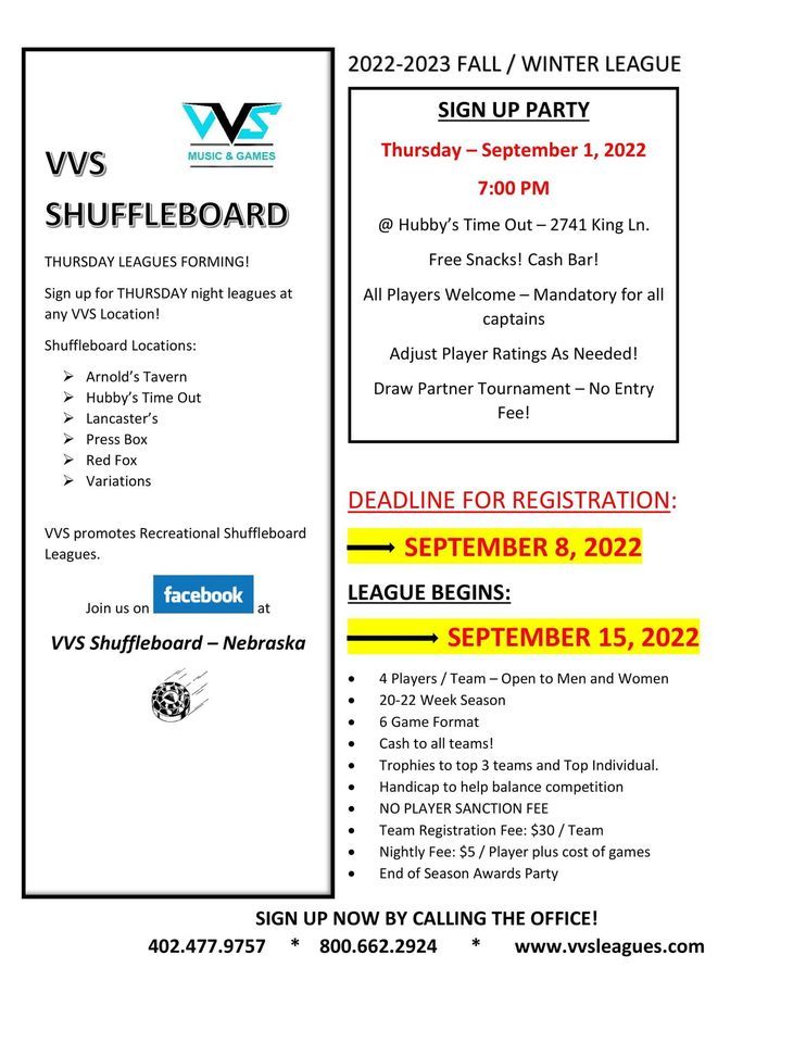 202223 VVS Shuffleboard League Sign Up Party Hubby's Timeout Bar