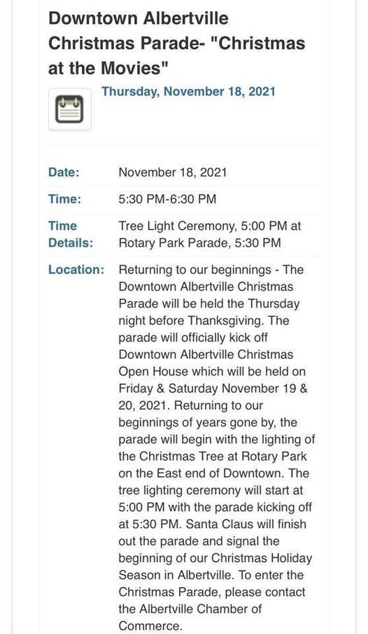 Albertville Christmas Parade 2022 Albertville Christmas Parade | Pine Main St, Albertville, Al 35950, United  States | November 18, 2021