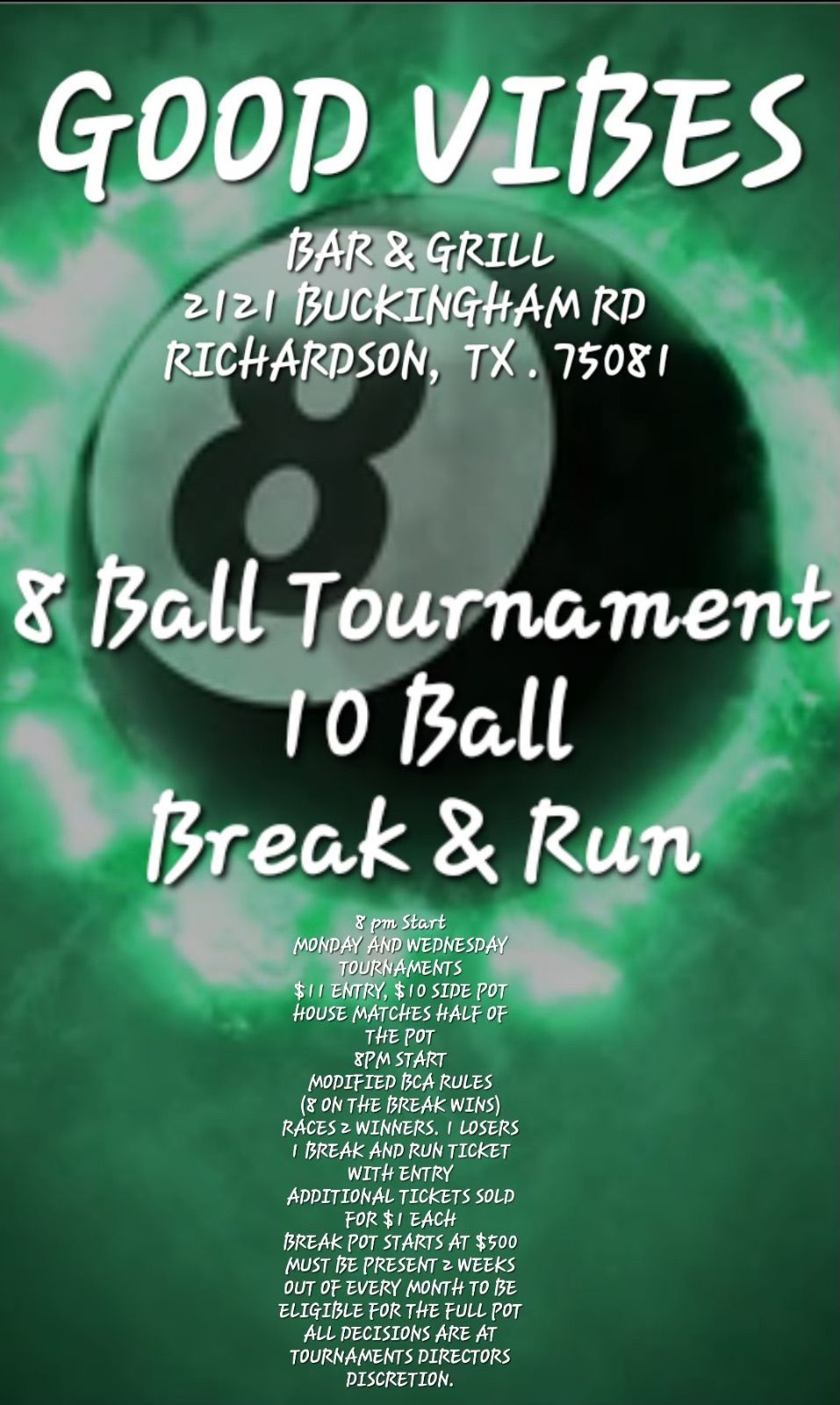 8 BALL POOL TOURNAMENT 2121 Buckingham Rd., Richardson, TX October