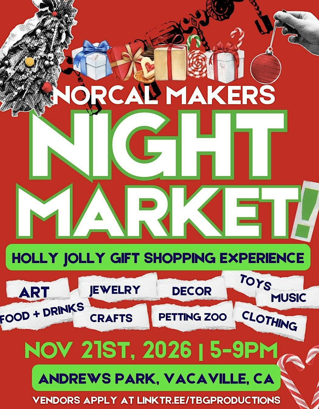 Holly Jolly Night Market at Andrews Park, Vacaville on 21st November, 2026