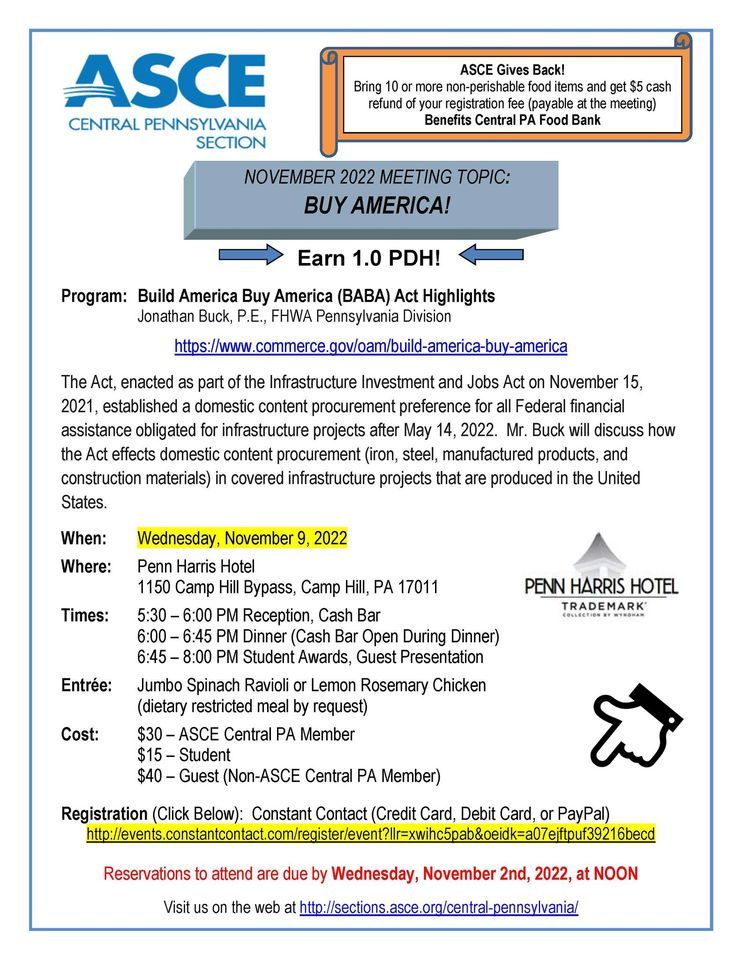 ASCE Central PA November 2022 Dinner Meeting | Penn Harris Hotel, Camp ...