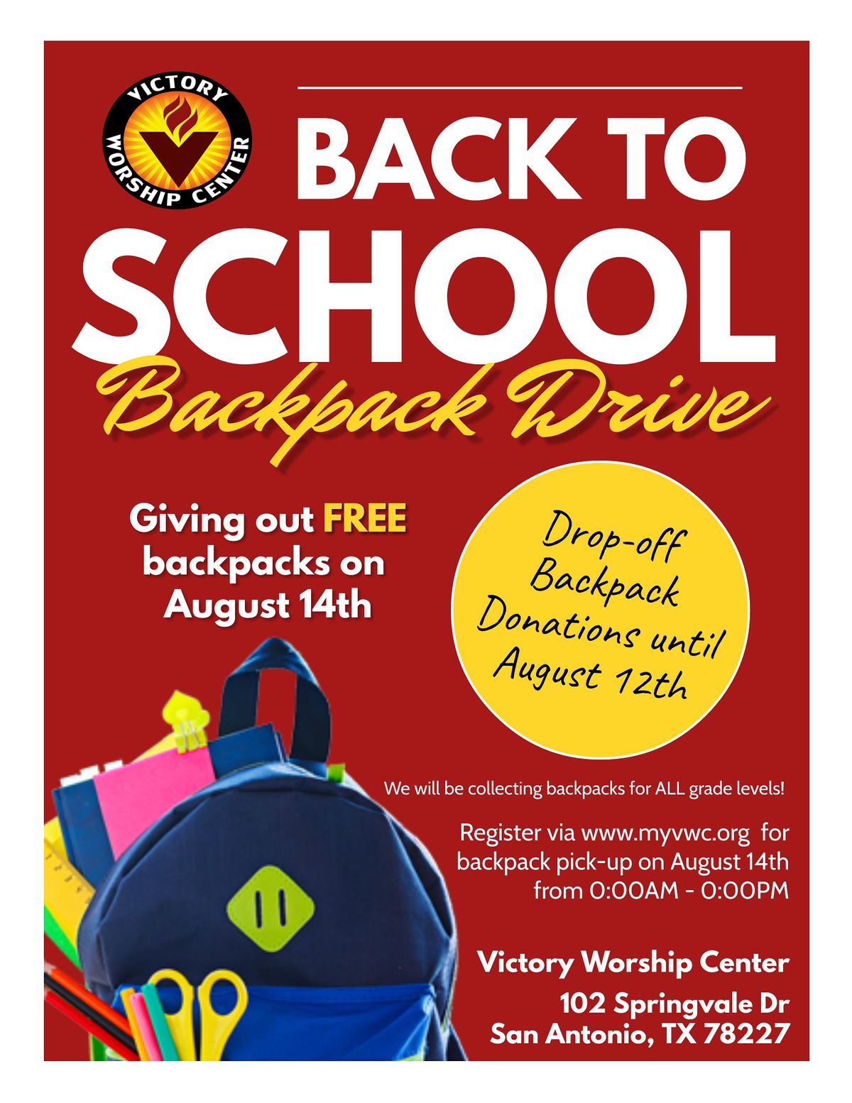 Victory Worship Center: Backpack Pickup