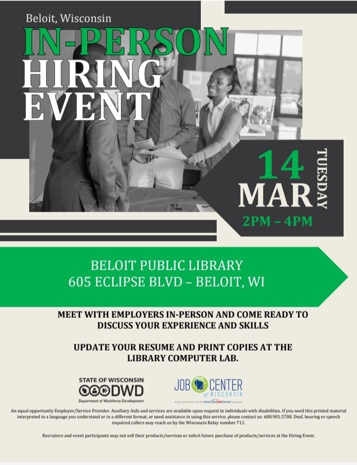 Beloit InPerson Hiring Event Beloit Public Library March 14, 2023
