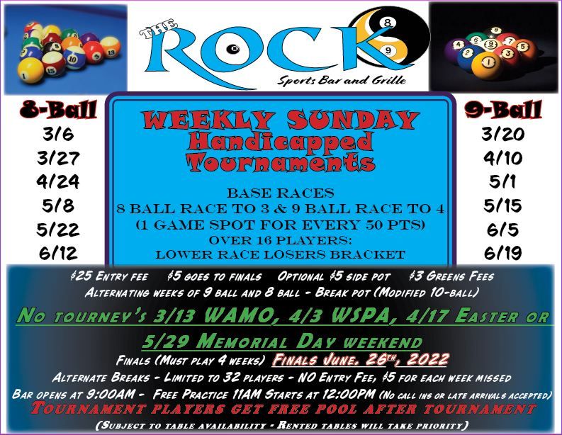 Weekly Sunday Pool Tournaments The Rock Sports Bar and Grille, Sun