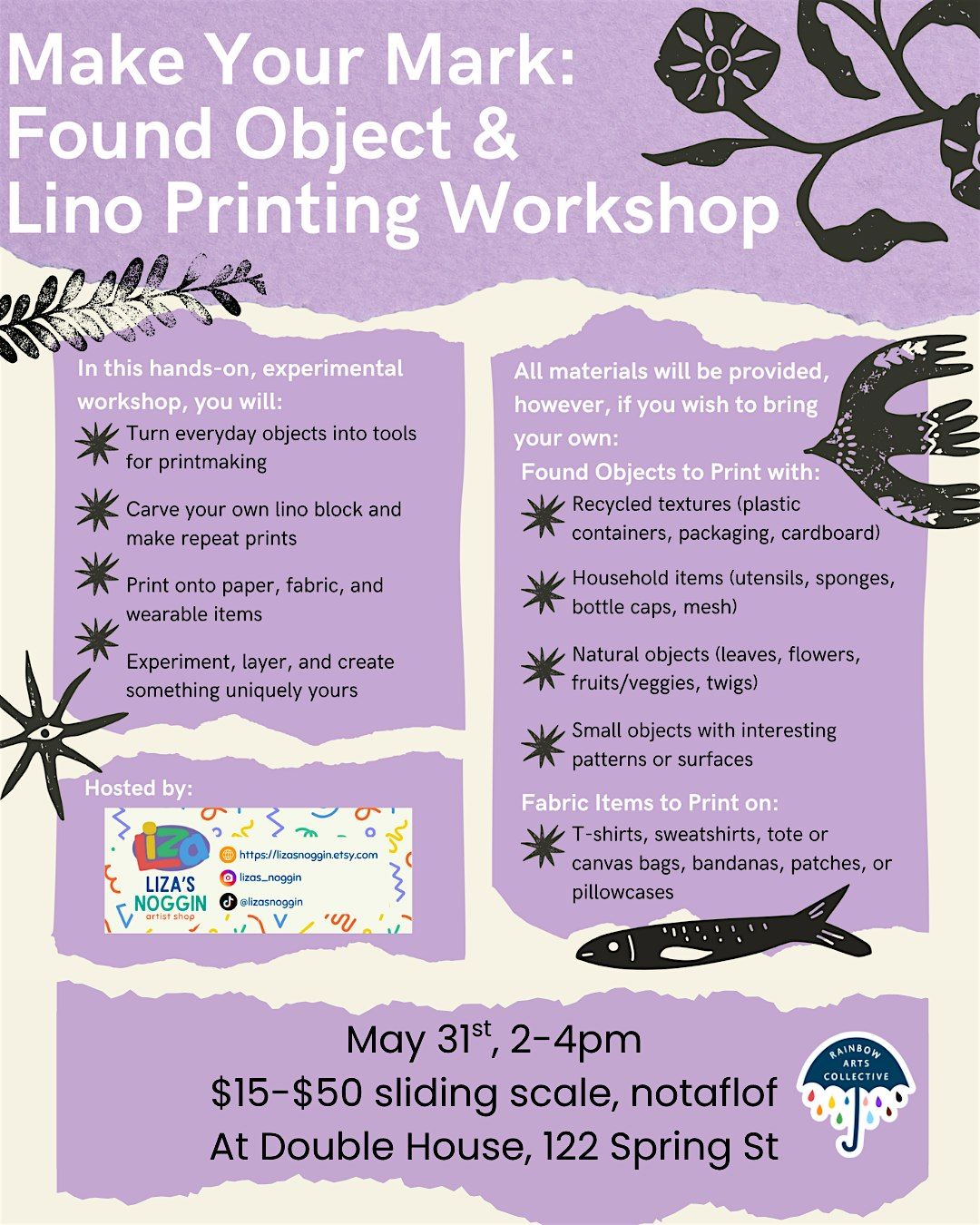 Make Your Mark: Printing with Found Objects and Lino-Cut Workshop with Liza