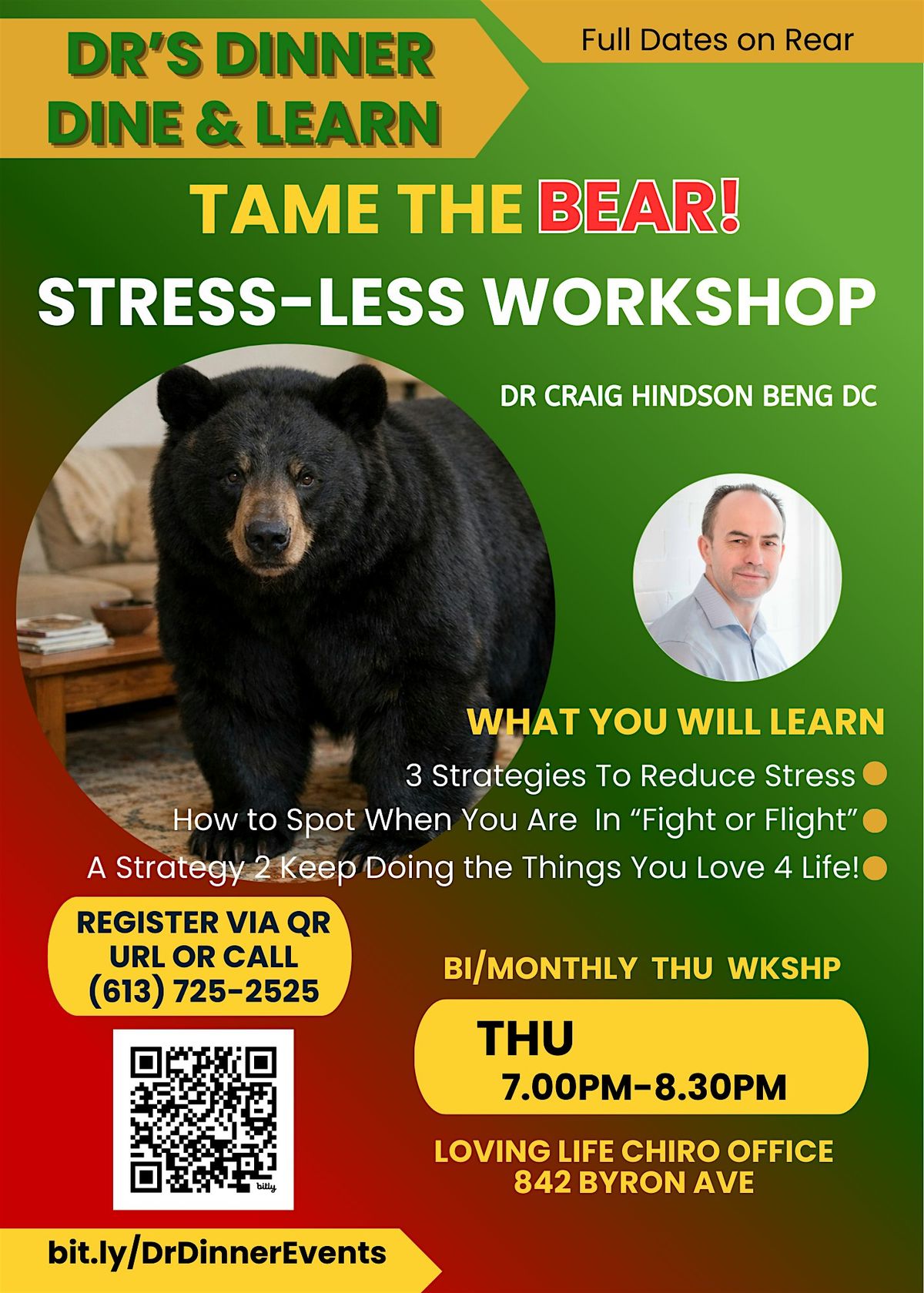 Tame the Bear! Stress-Less Workshop | Dr's Dinner - Dine and Learn