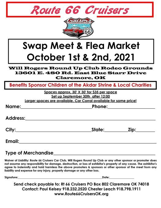 Route 66 Cruisers Fall Swap Meet 13601 E 480 Rd, Claremore, OK 74017