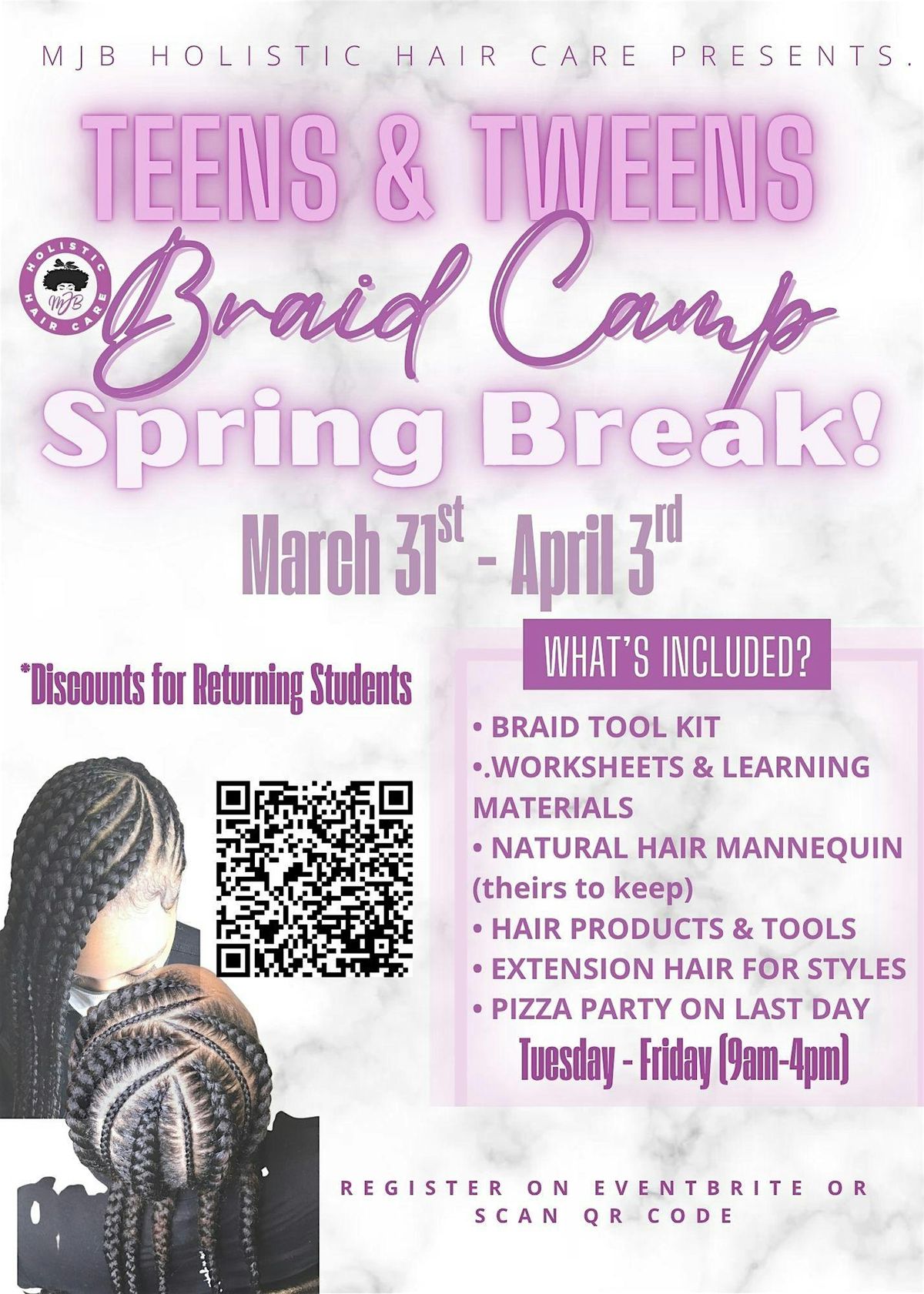 Teens and Tweens Braiding Camp (Spring Break)