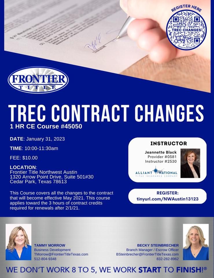 TREC contract changes class Frontier Title Company Northwest Austin