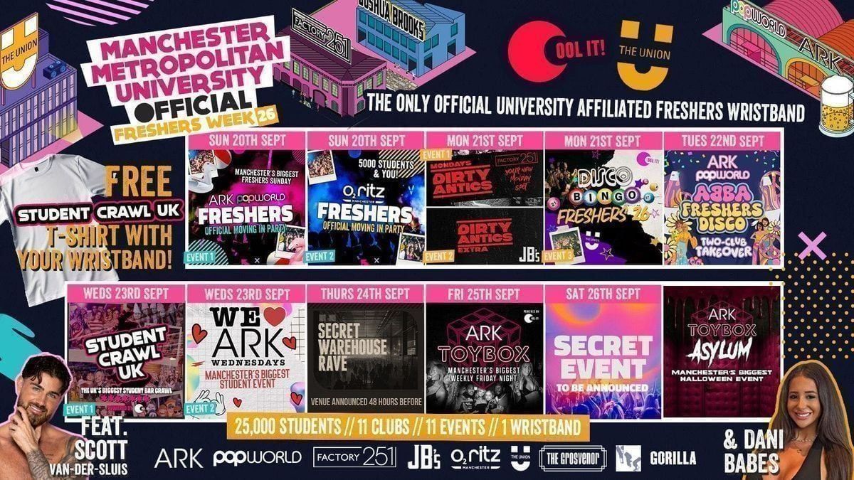 MANCHESTER MET - MMU - OFFICIAL All Access Freshers Wristband 2026 \ud83c\udf9f\ufe0f YOUR OFFICIAL FRESHERS WRISTBAND - INCLUDES MANCHESTER'S BEST CLUBS \/ BIGGEST WEEKLY STUDENT BRANDS \/ SPECIAL GUESTS INCL DANI BABES \/ SCOTT VAN DER SLUIS & MUCH MORE! \u26a1\ufe0f