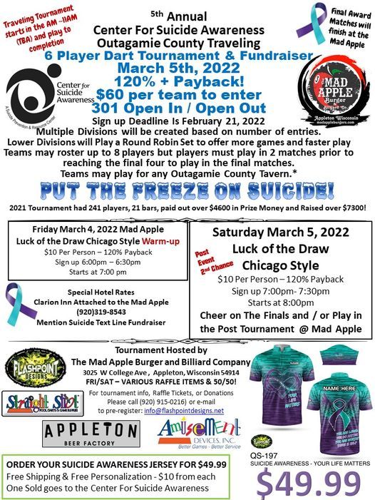 5th Annual Center for Suicide Awareness Dart Tournament The Mad Apple