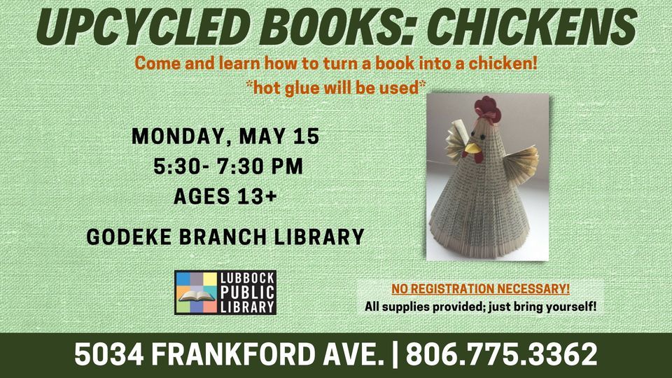 Upcycled Books Chickens at Godeke Branch Library Lubbock Public