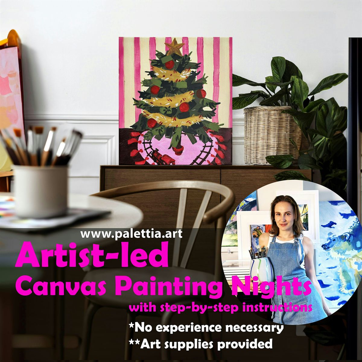 CHRISTMAS Painting Night Event in gallery. Sip and Draw activity Vancouver