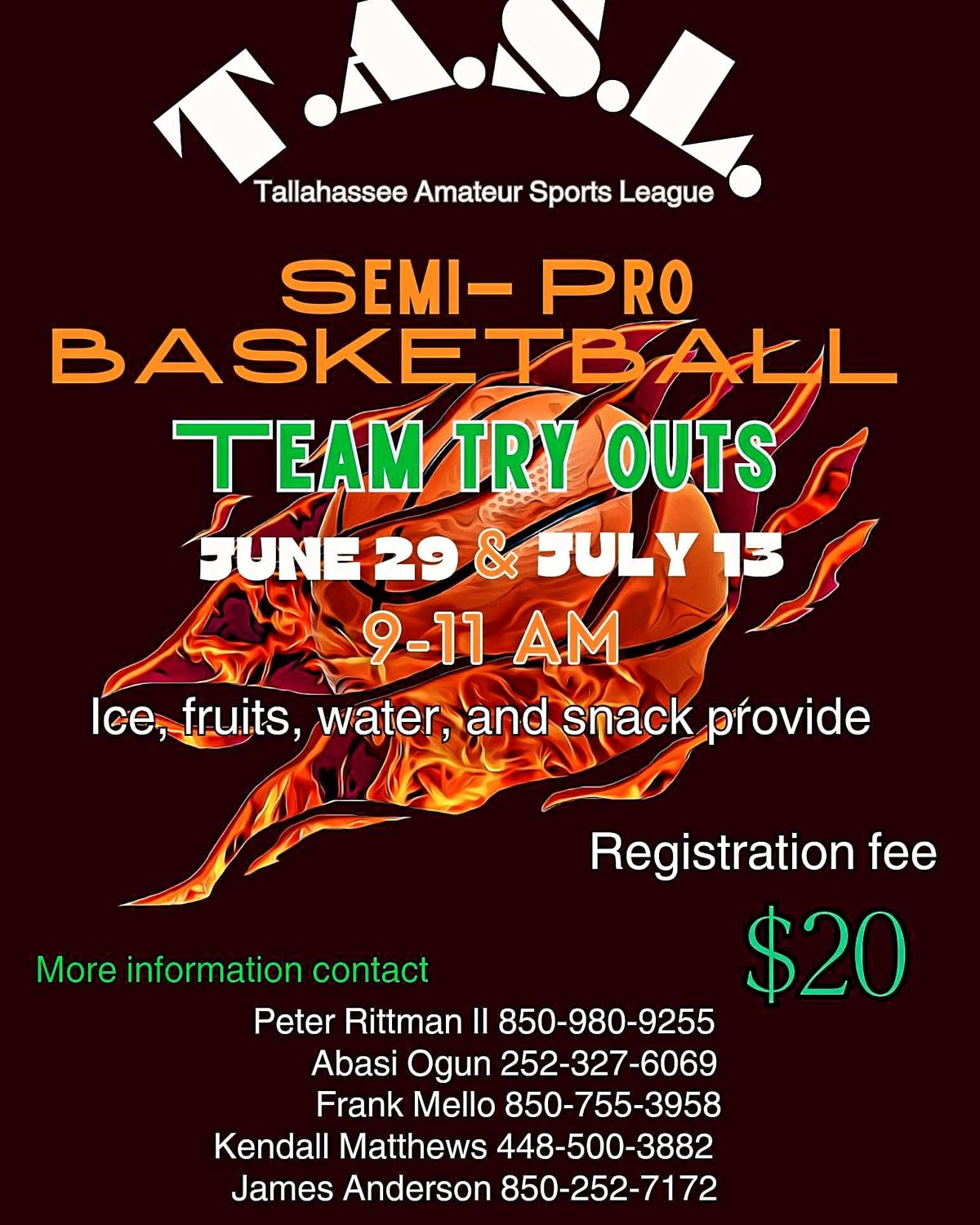 semi pro basketball tryouts Jack L. Mclean Park, Tallahassee, FL