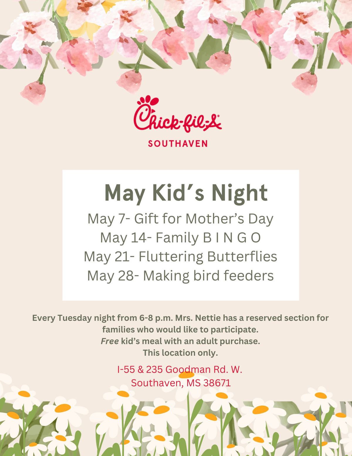 May Kids Night Calendar for ChickfilA Southaven 235 Goodman Rd W