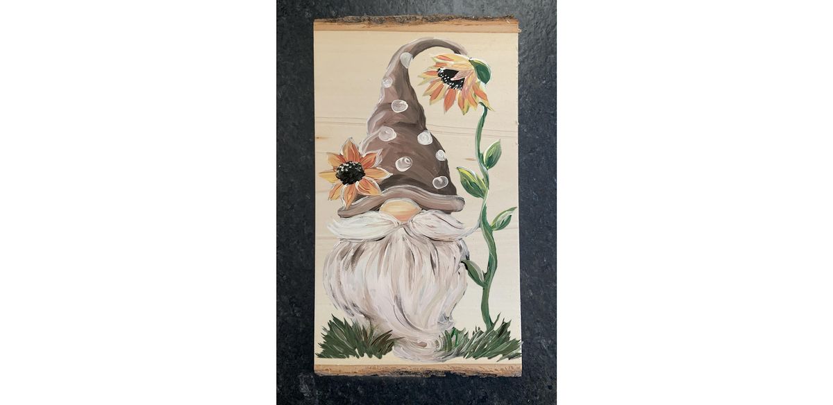 Sunflower Gnome on Live Edge Wood Paint & Sip Wine Art Class Canal
