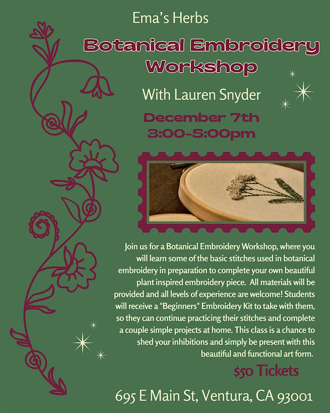 Botanical Embroidery Workshop with Lauren Snyder