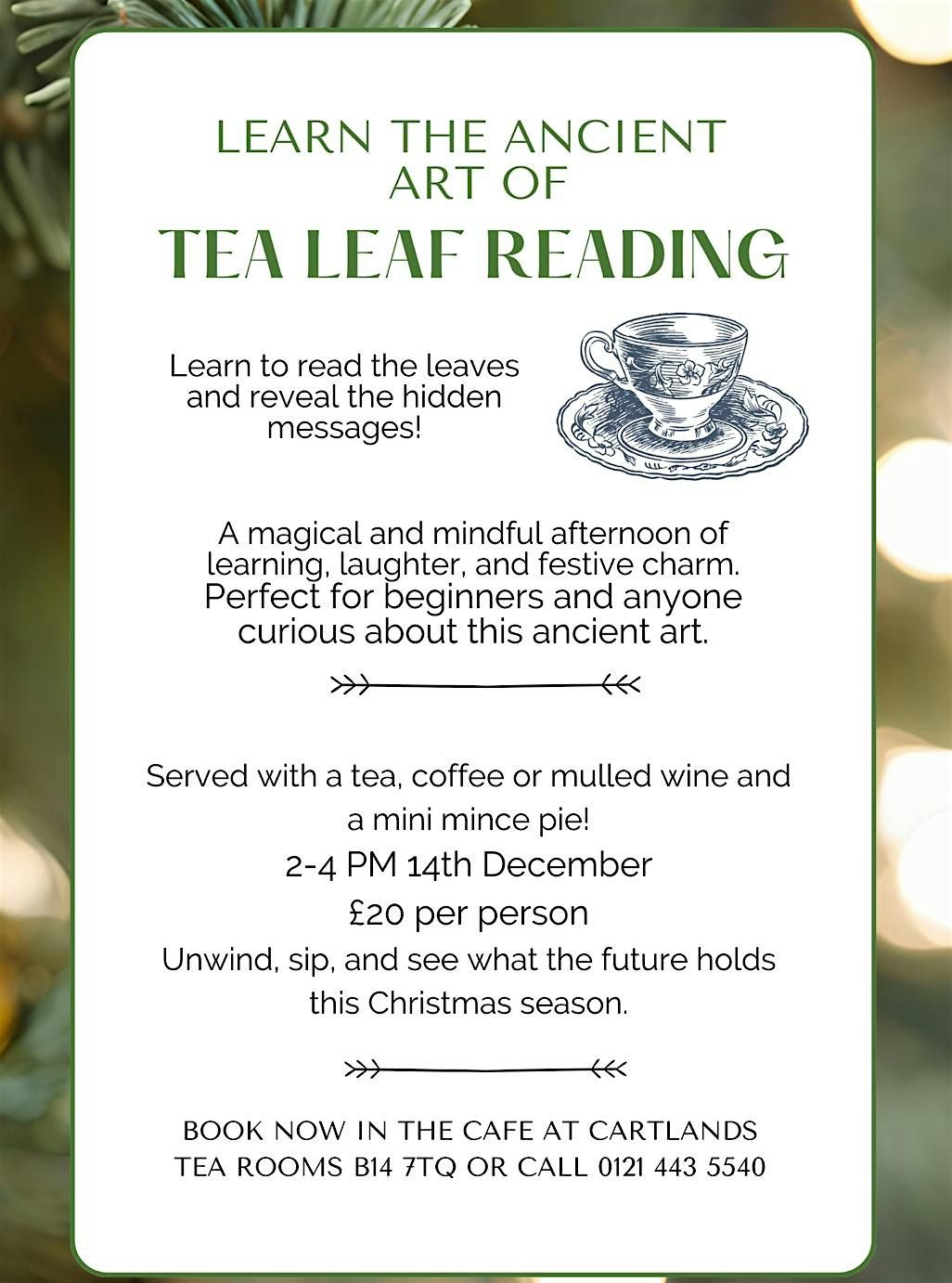 Art of Tea leaf Reading , history & demonstration for adults .